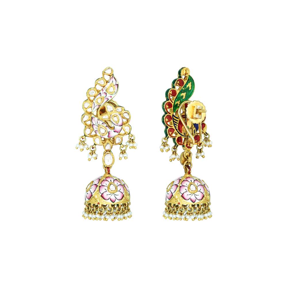 Polki Earrings with Pink Enamel Jhumkas and Pearls